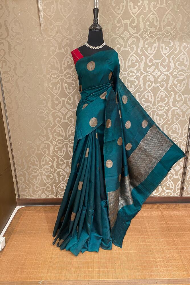 Teal Blue Pure Raw Tussar Banarasi Silk Saree, Hand Woven Motifs With Unstiched Blouse