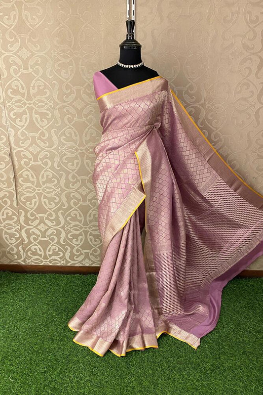 Purple Mysore Crepe Silk Banarasi Saree, With Unstiched Blouse