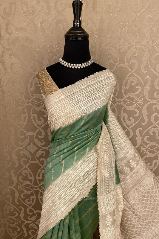 Pista Green Munga Handloom Saree With Chikankari Work, With Unstiched Blouse