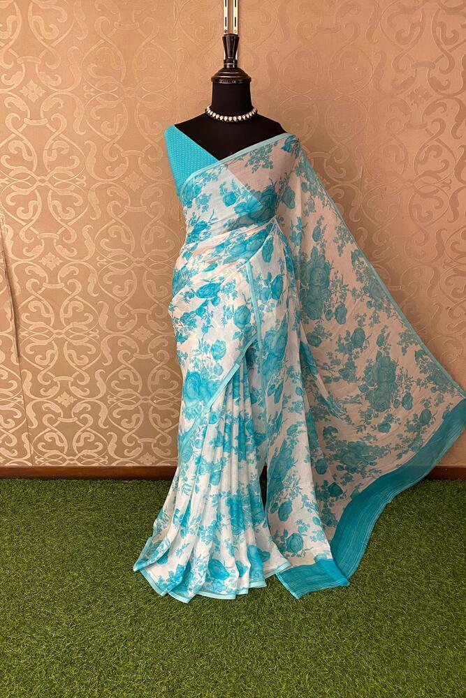 Off-White Sky Floral Printed Chiffon Saree, With Unstiched Blouse Piece