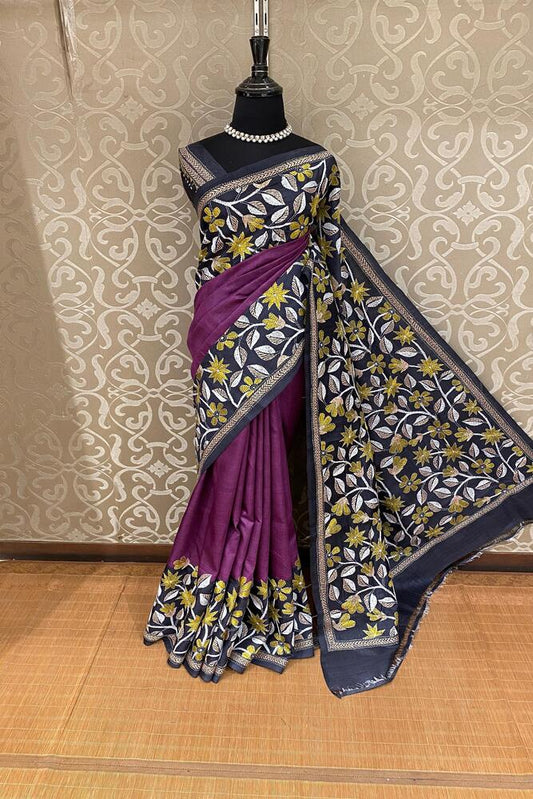 Wine Tussar embroidery saree by Saarang Sarees with Kantha work border and matching unstitched blouse, traditional wear with intricate details.