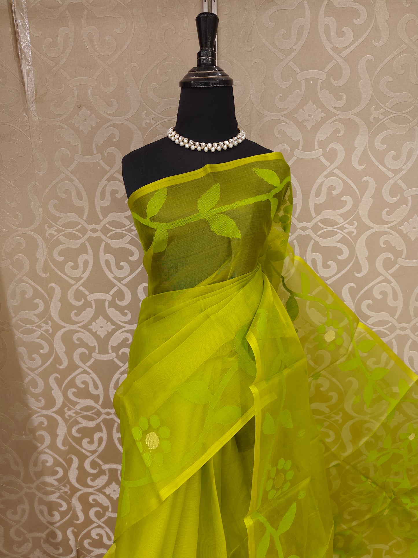 Lime Green Muslin Dhakai Saree, Without Blouse