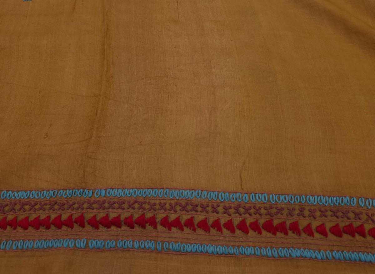 Mustard Yellow Tussar Embroidery Saree With Lambani Work Border, With Unstitched Blouse