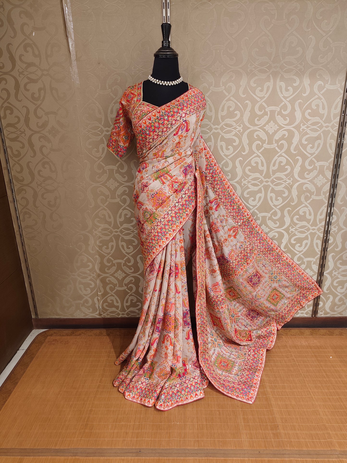 Multi Cocktail Satin Crepe Saree, With Unstiched Blouse