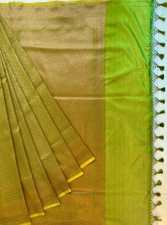 Light Green Semi Katan Brocade Silk Saree, With Unstiched Blouse