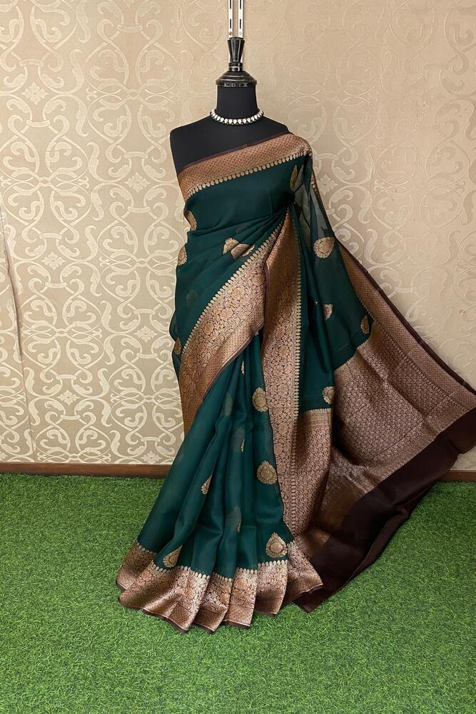 Forest Green Kora Banarasi Silk Saree, With Unstiched Blouse