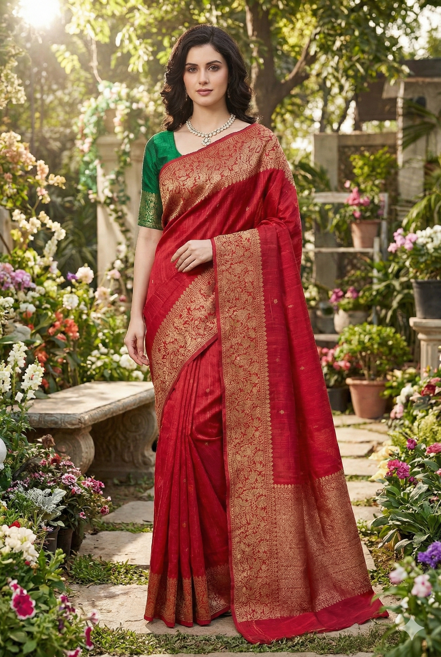 Red Pure Raw Tussar Banarasi Silk Saree, Hand Woven Motifs With Unstiched Blouse