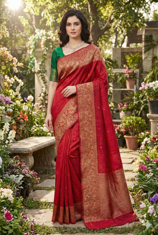 Red Pure Raw Tussar Banarasi Silk Saree, Hand Woven Motifs With Unstiched Blouse