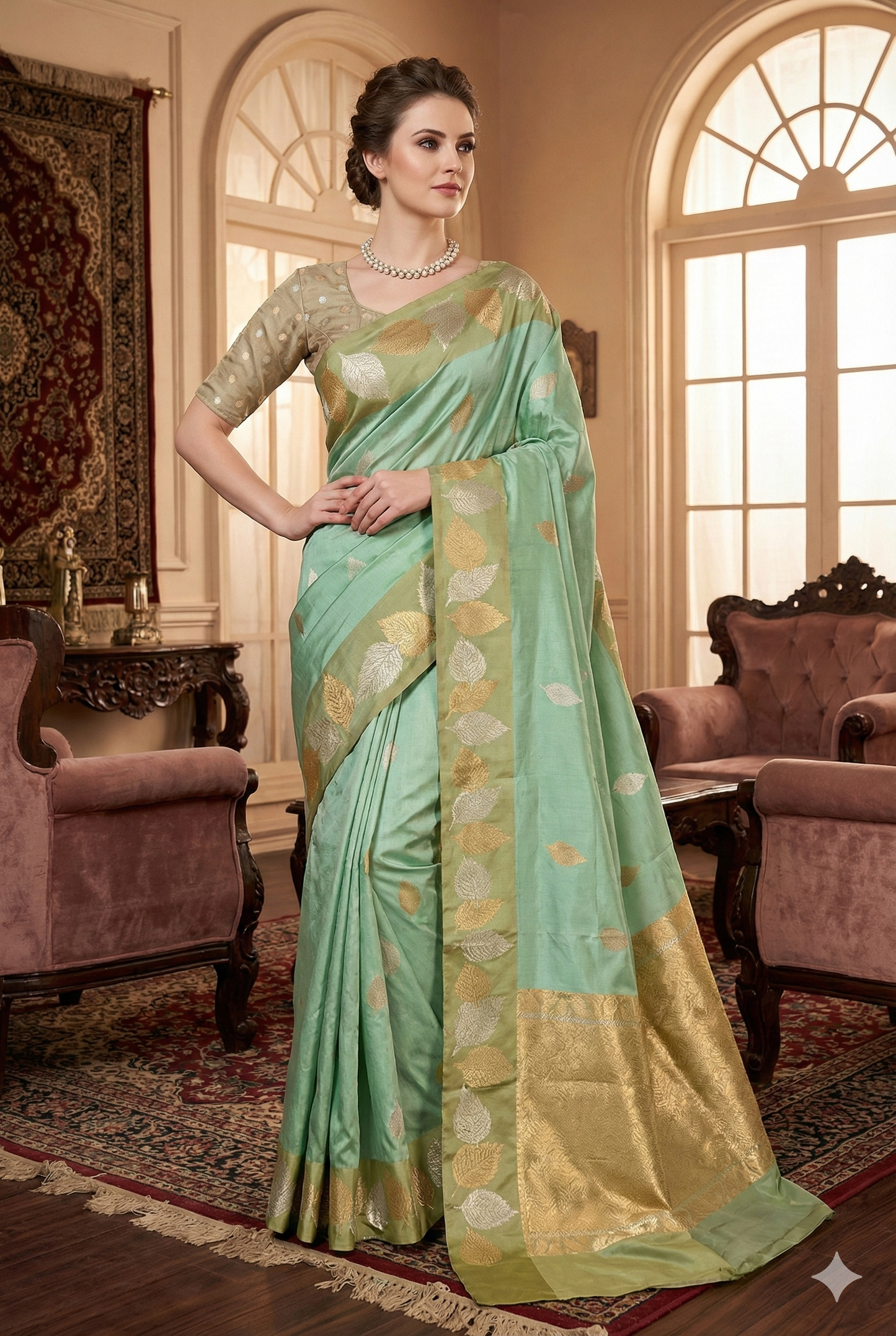 Sea Green Katan Banarasi Saree Hand Woven Work, With Unstiched Blouse