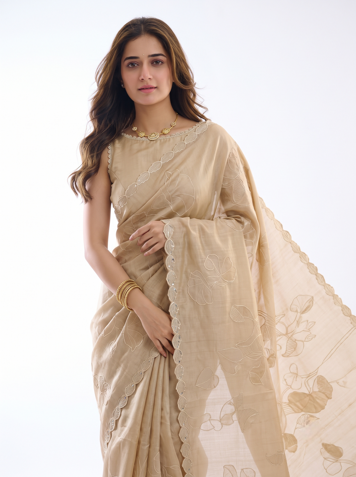 Beige Tussar Applique Work Saree, With Unstiched Blouse