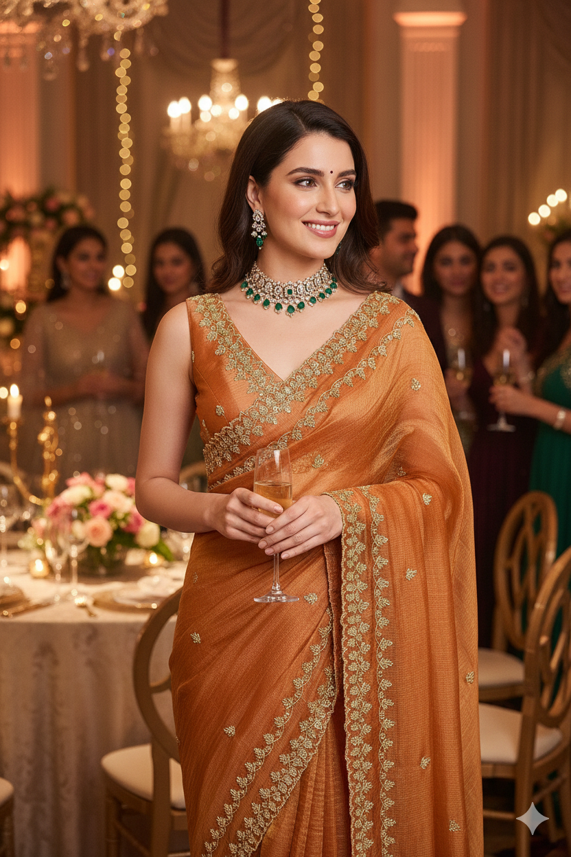 Orange Tissue Embroidery Saree, With Unstiched Blouse