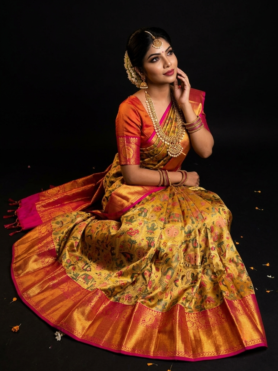 Golden Pure Kanjeevaram Silk Saree, With Unstiched Blouse
