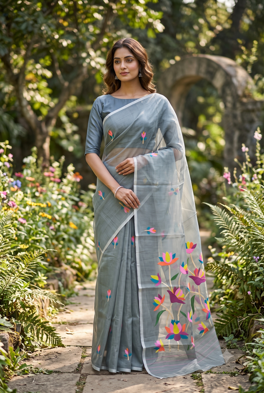 Grey muslin Dhakai saree from Saarang Sarees, traditional wear, showcasing intricate weaving and elegant drape without blouse.