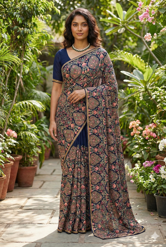 Navy Blue Georgette Saree With Kashmiri Work, With Unstiched Blouse