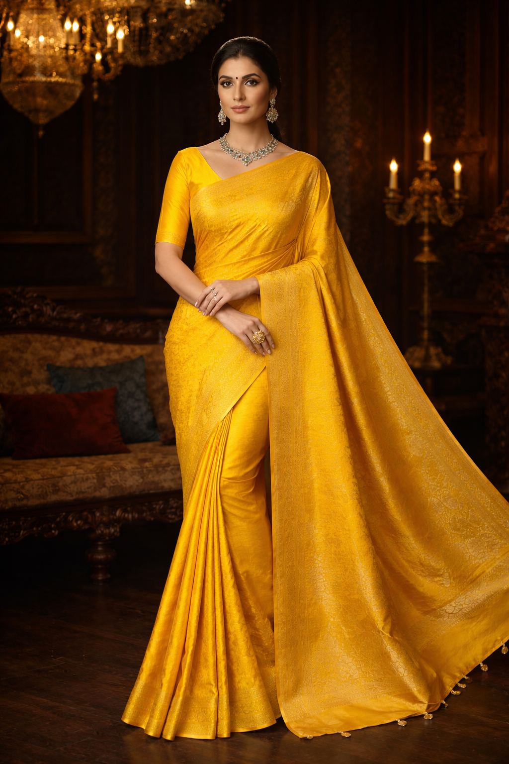 Spring Yellow Mashru Brocade Silk Saree With Unstiched Blouse