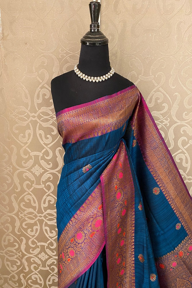 Royal Blue Dupion Tussar Silk Saree, With Unstiched Blouse