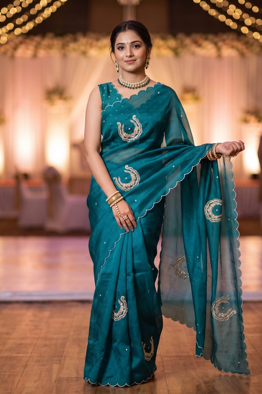 Teal Green Organza Saree With Ari Work, With Unstitched Blouse