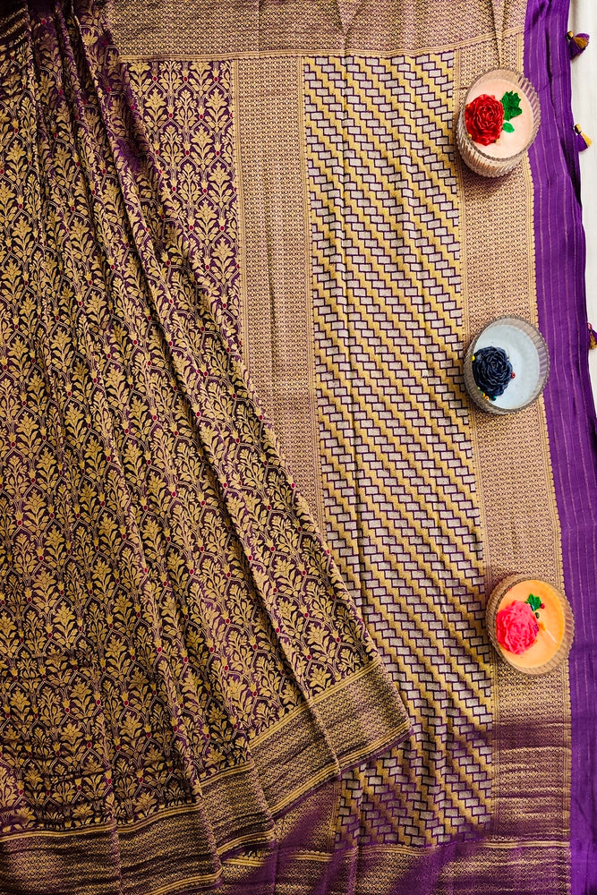Purple Semi Minakari Brocade Silk Saree, With Unstiched Blouse