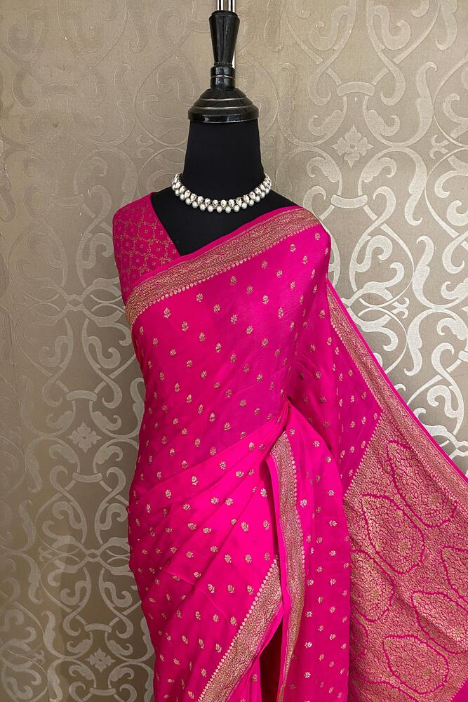 Rani Pink Crepe Khaddi Banarasi Silk Saree With Unstiched Blouse