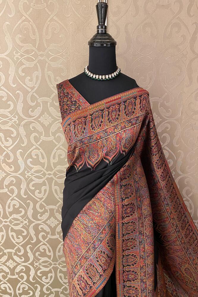 Black Pure Kani Handloom Silk Saree With Unstiched Jamewar Woven Blouse
