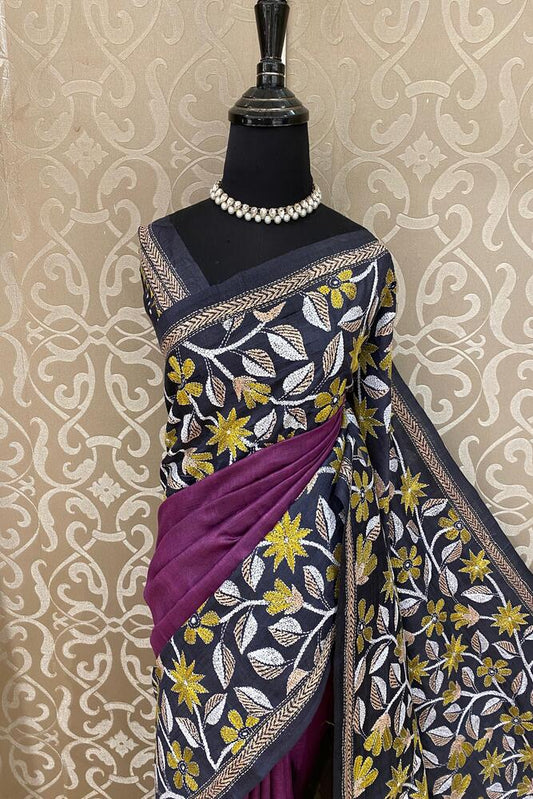 Traditional Wine Tussar embroidery saree with Kantha work border and unstitched blouse from Saarang Sarees