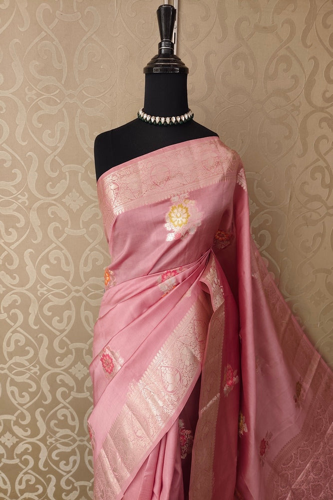 Pink Chiniya Silk Saree Hand Woven Butas, With Unstiched Blouse