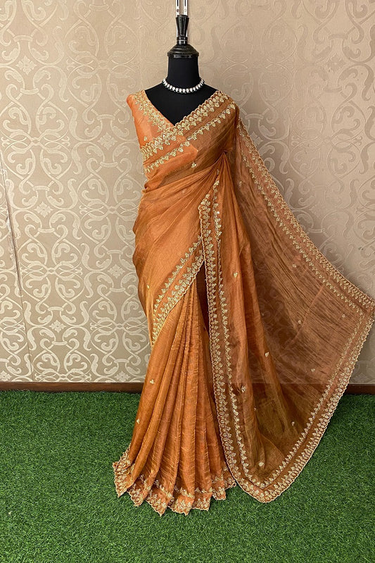 Orange Tissue Embroidery Saree, With Unstiched Blouse