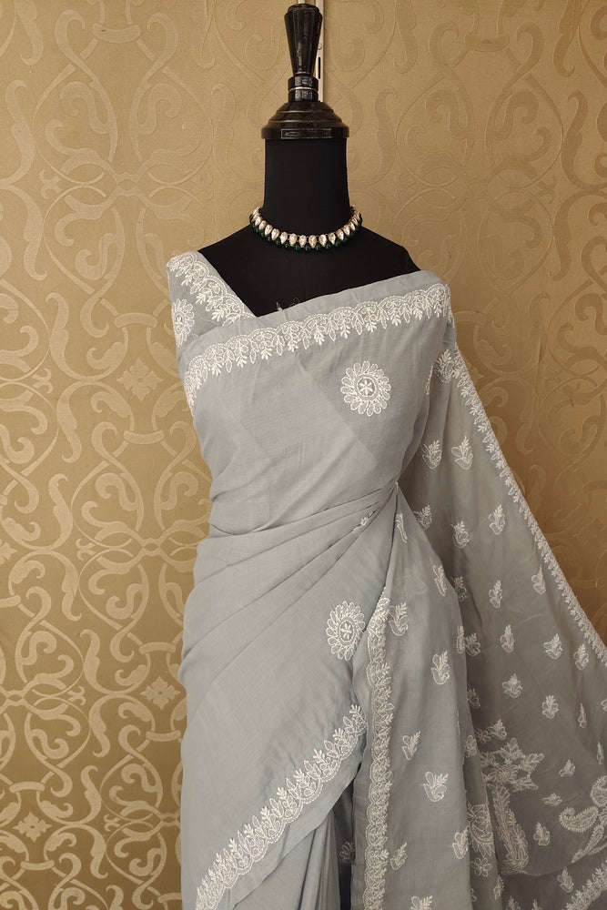 Grey Cotton Saree With Chikankari Embroidery, Unstitched Blouse