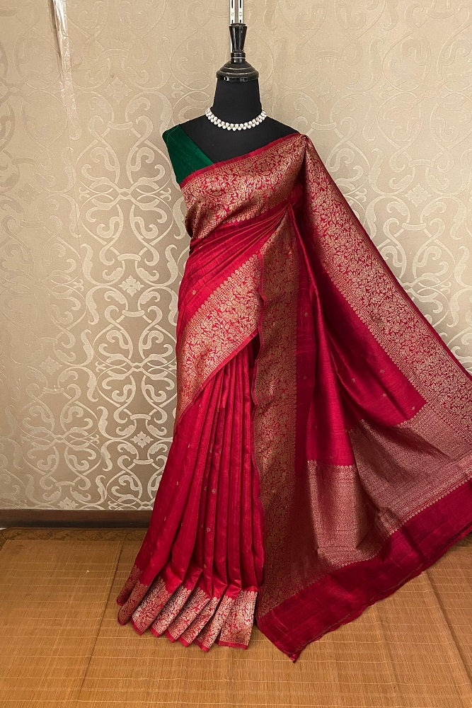 Red Pure Raw Tussar Banarasi Silk Saree, Hand Woven Motifs With Unstiched Blouse