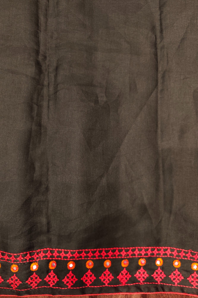 Black Semi Munga Silk Cross Stitch Work Saree, With Unstiched Blouse