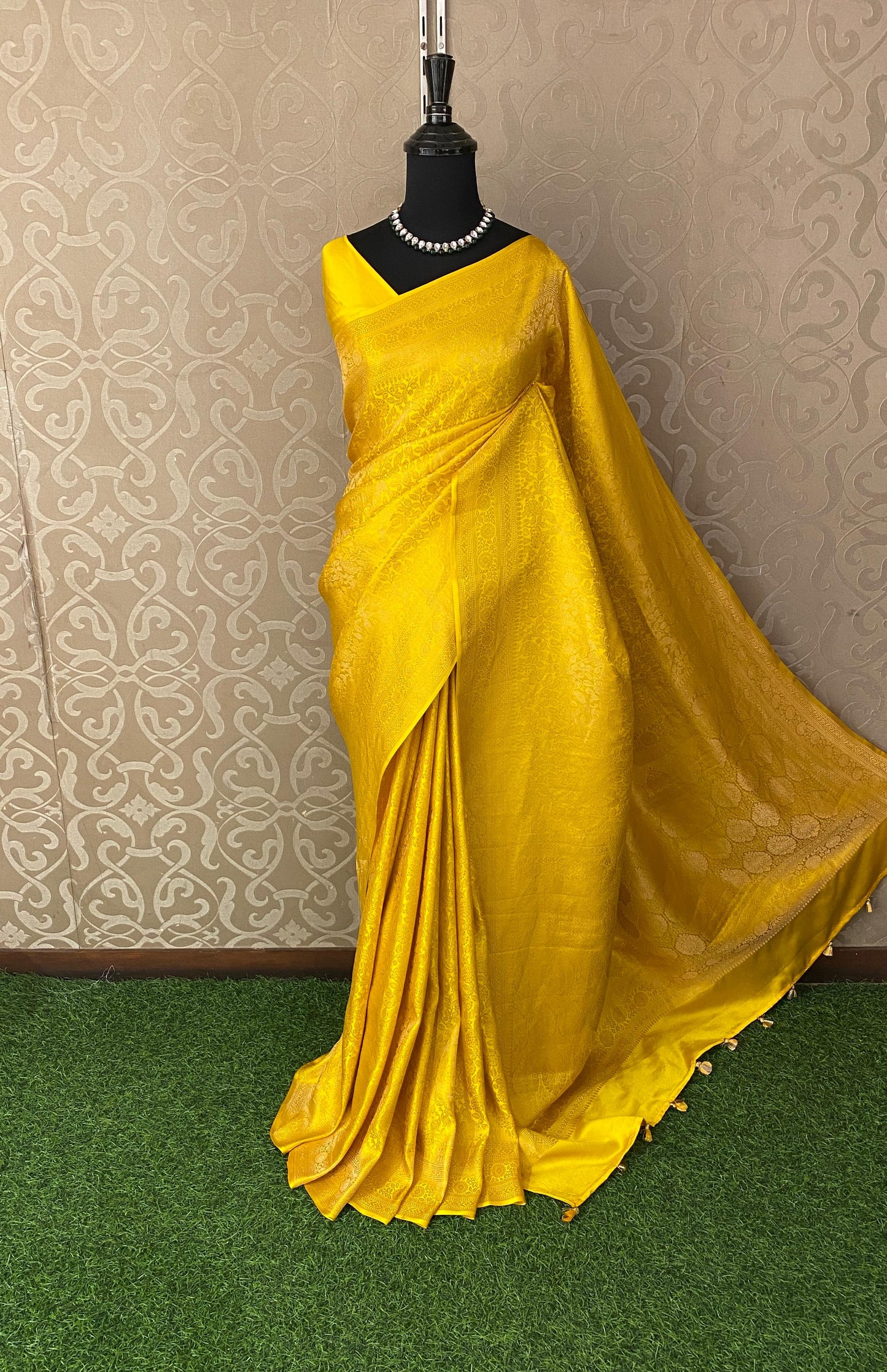 Spring Yellow Mashru Brocade Silk Saree With Unstiched Blouse