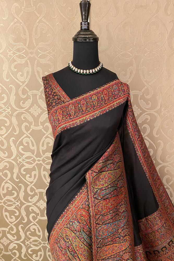Black Pure Kani Handloom Silk Saree With Floral Woven Blouse