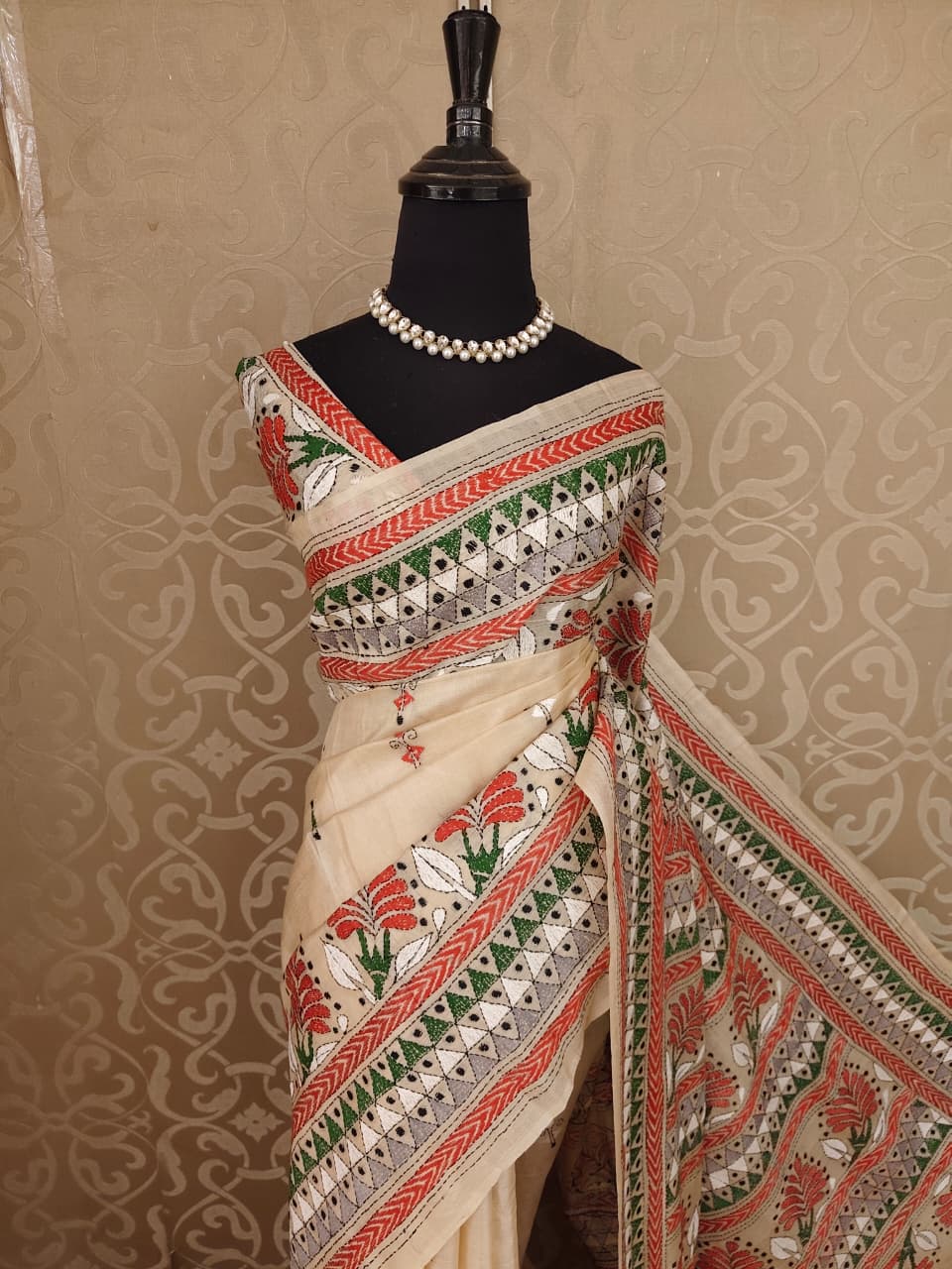 Beige Tussar Embroidery Saree With Kantha Work Border, With Unstitched Blouse