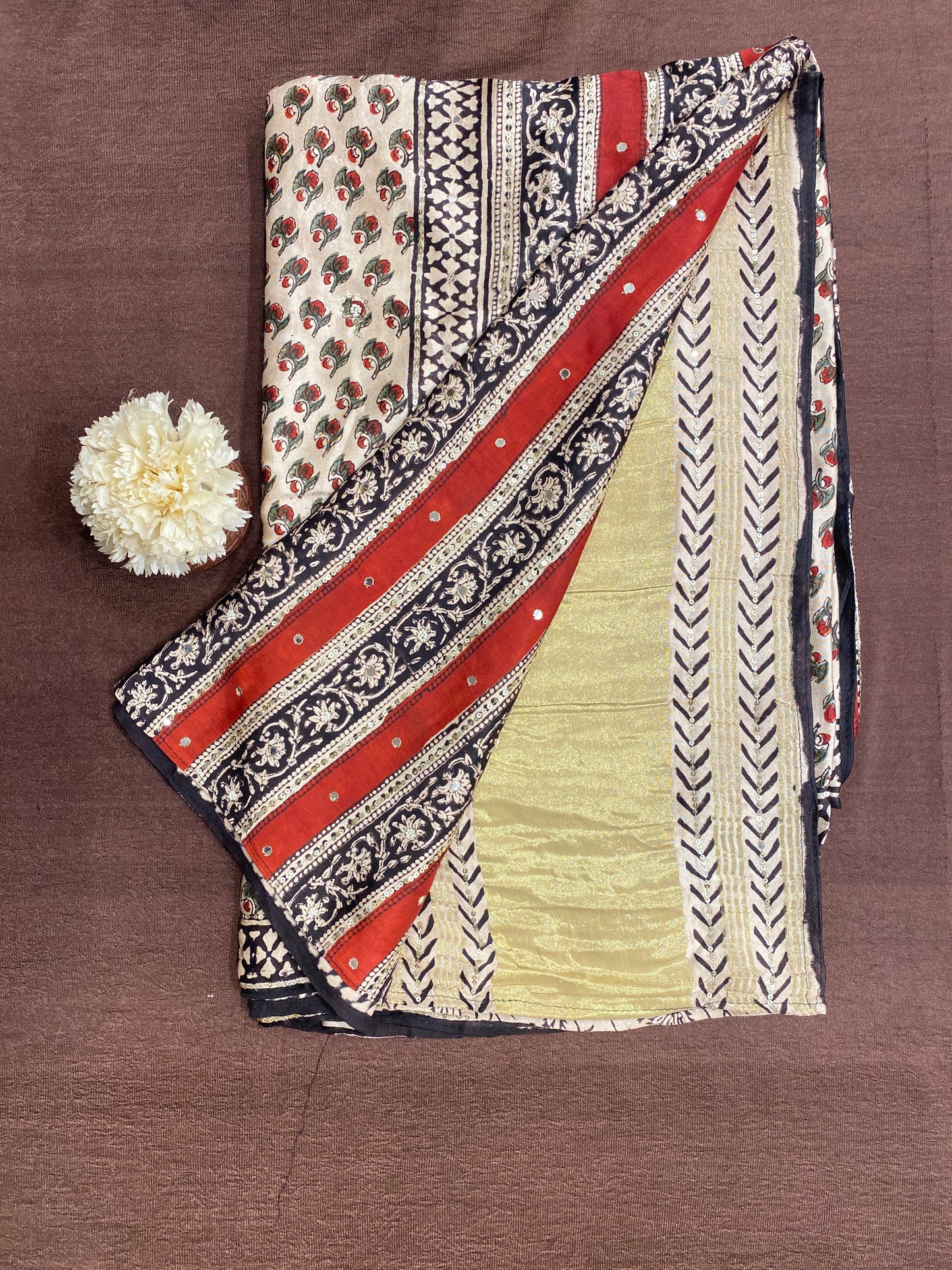 Off-White Pure Modal Silk Ajrakh Printed Saree With Unstiched Blouse
