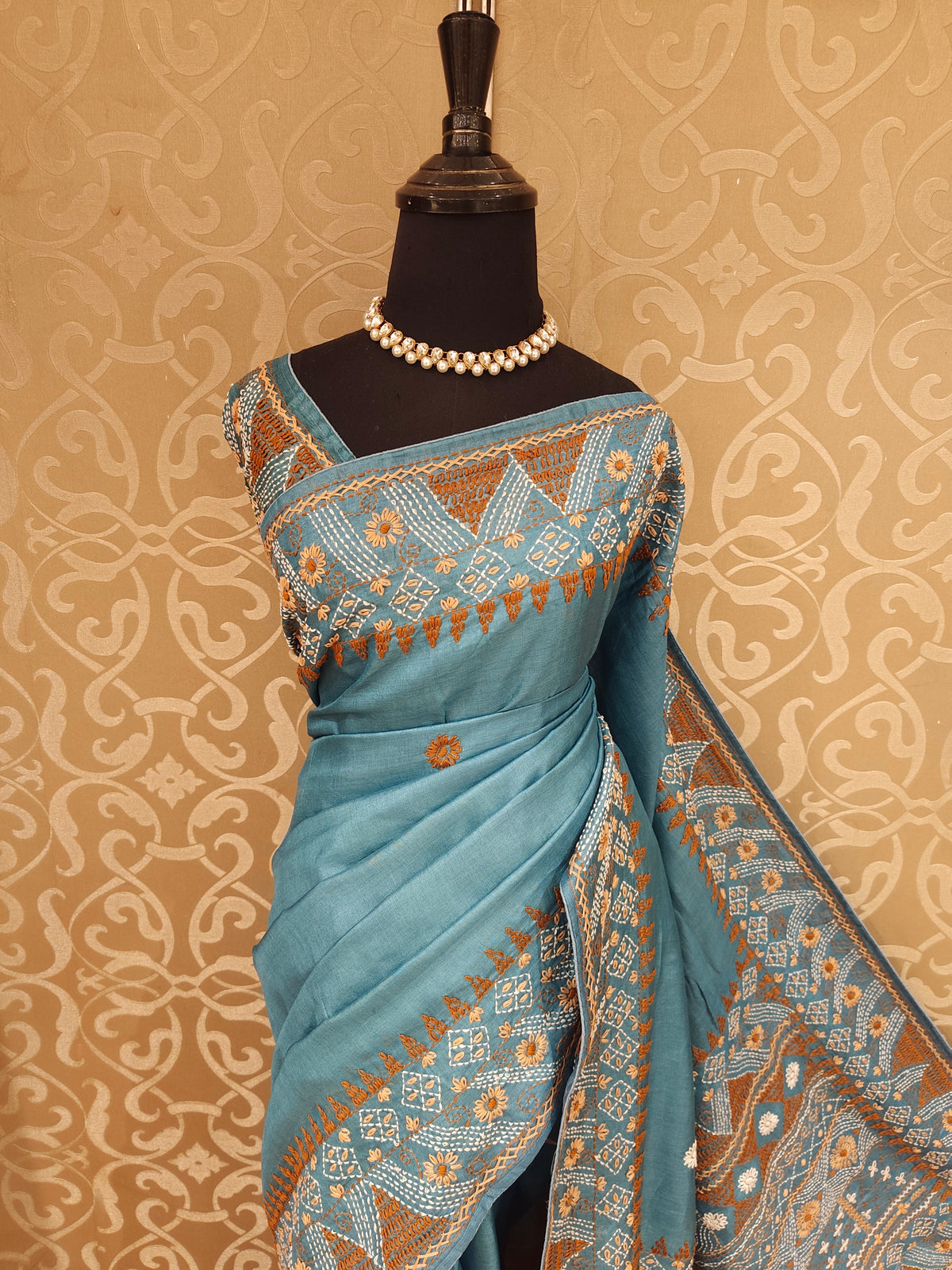 Light Blue Tussar Hand Embroidery Saree, With Unstitched Blouse
