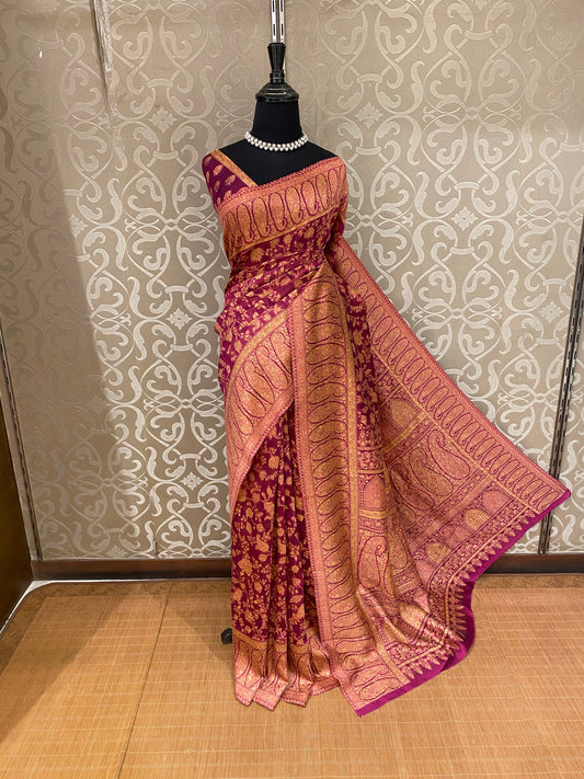 Wine Pure Kani Handloom Silk Saree With Unstiched Jamewar Woven Blouse