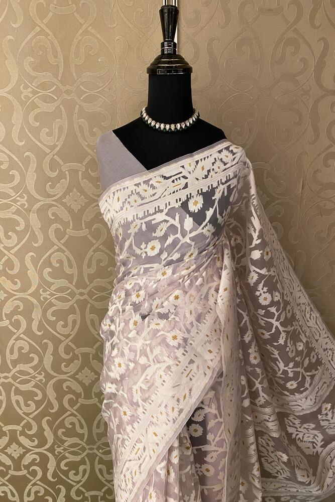 Lavender Muslin Jamdani Saree, With Unstiched Blouse