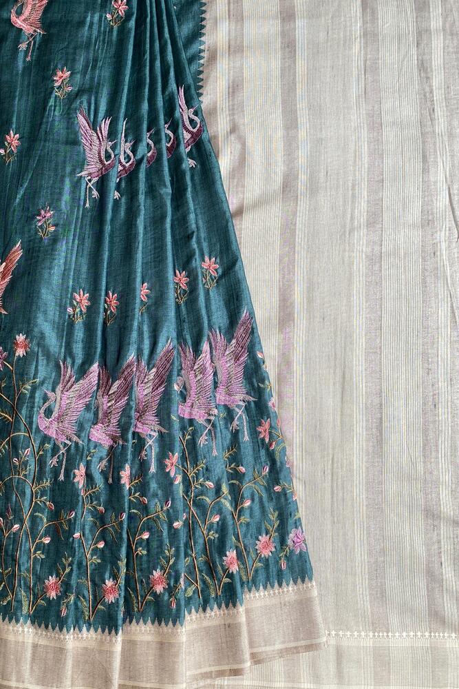 Royal Blue Tussar Cotton Resham Work Saree, With Unstiched Blouse