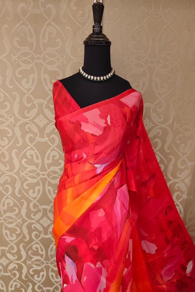 Red & Multi Floral Printed Satin Crepe Saree, With Unstiched Blouse