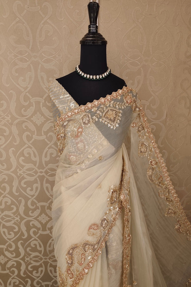 Off-White Soft Tissue Organza Silk Embroidery Saree, With Unstiched Blouse