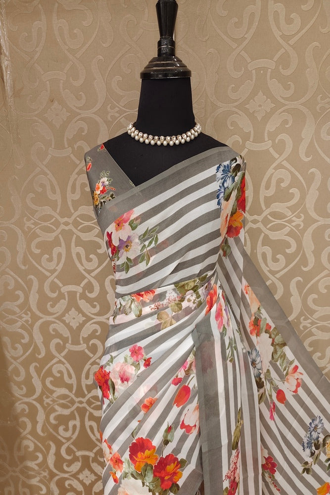 White Grey Stripe Floral Printed Chiffon Saree, With Unstiched Blouse Piece