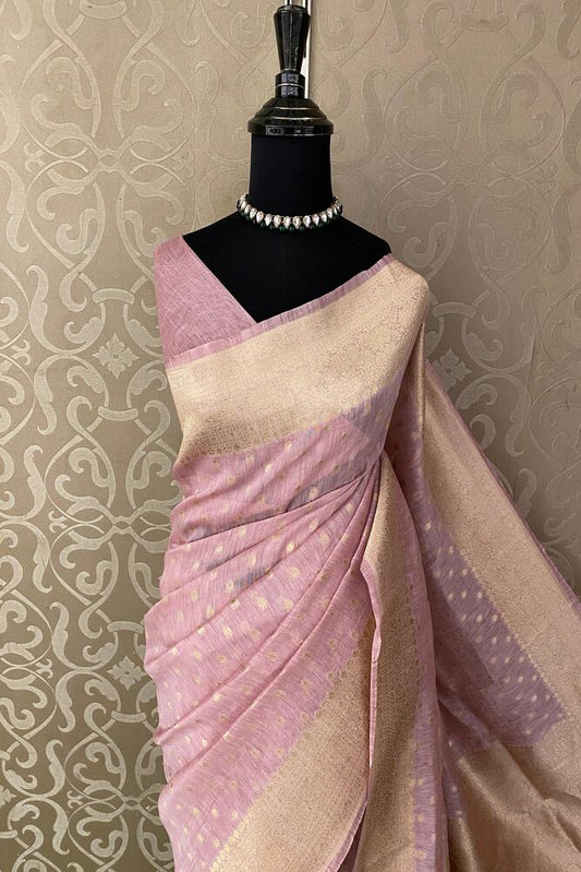 Puprle Linen Banarasi Saree With Unstiched Blouse