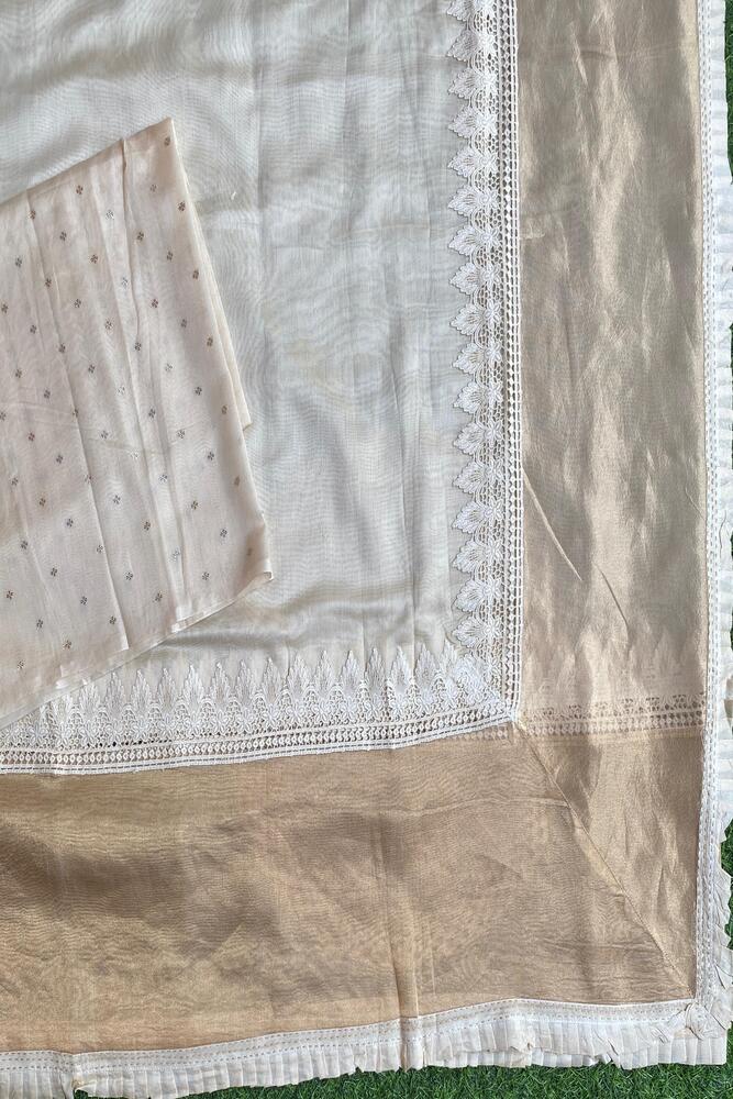 Off-White Beige Munga Khaddi Saree, With Unstiched Blouse
