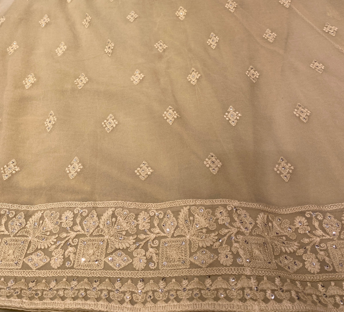 Off-White Yellow Georgette Chikankari Embroidery Saree, With Unstitched Blouse