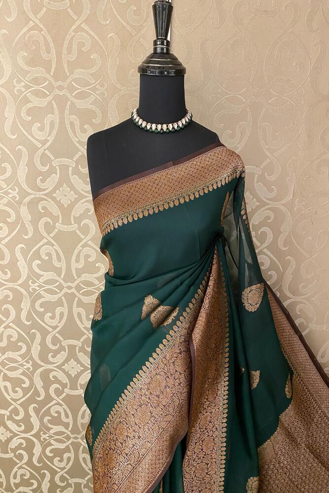 Forest Green Kora Banarasi Silk Saree, With Unstiched Blouse