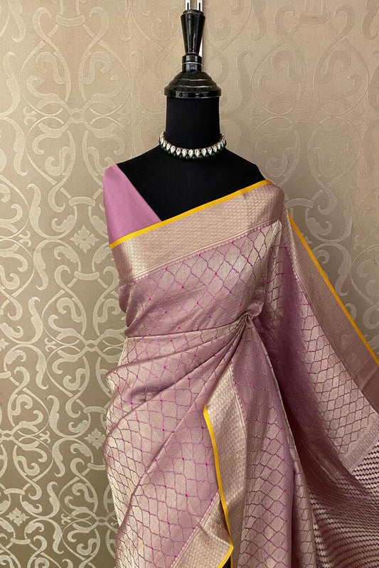 Purple Mysore Crepe Silk Banarasi Saree, With Unstiched Blouse