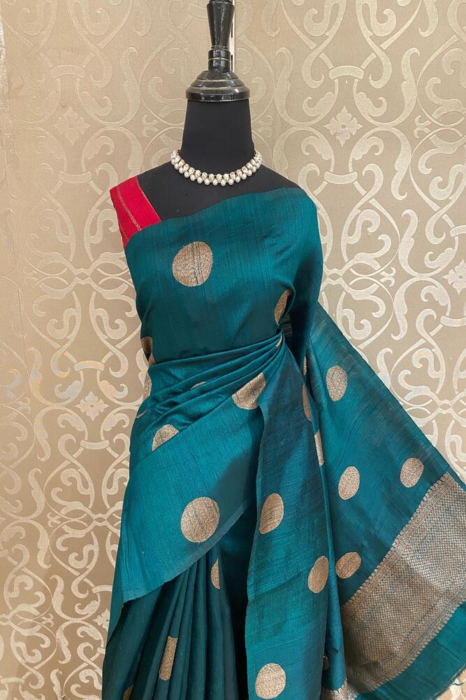 Teal Blue Pure Raw Tussar Banarasi Silk Saree, Hand Woven Motifs With Unstiched Blouse