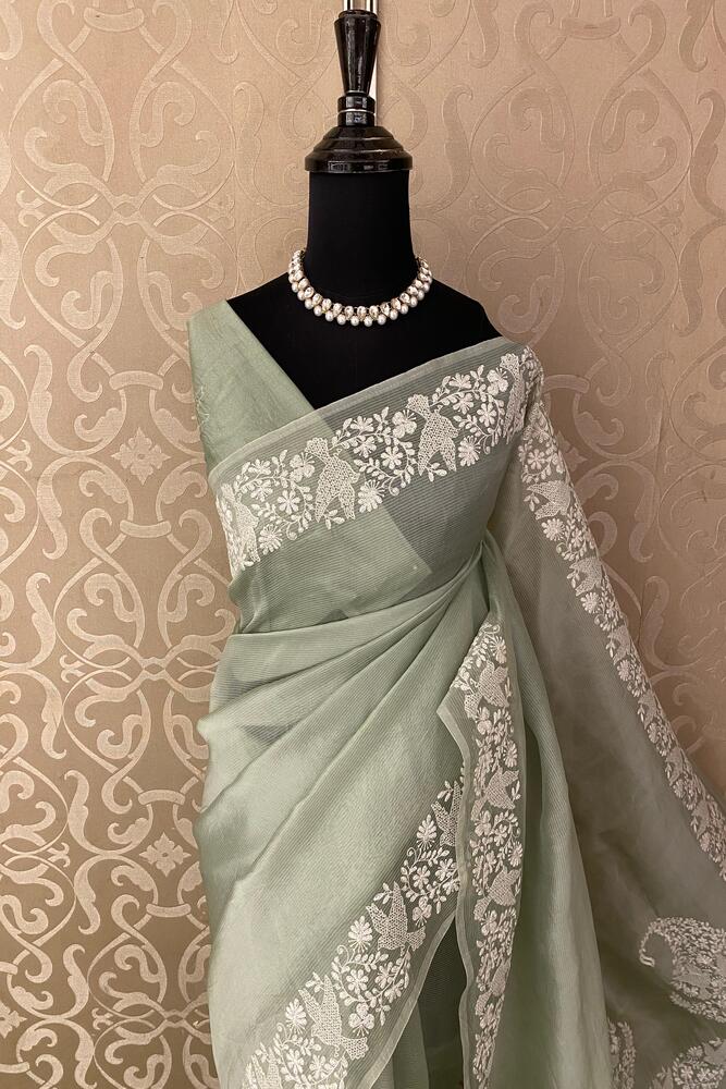 Pista Green Organza Silk Resham Embroidery Saree, With Unstiched Blouse