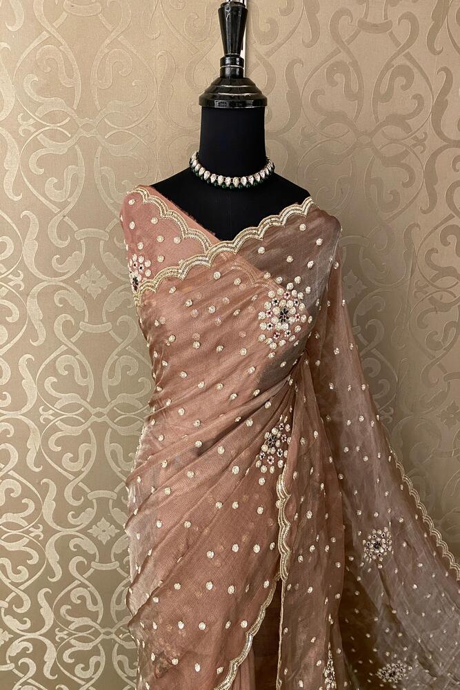 Mauve Tissue Embroidery Saree, With Unstiched Blouse