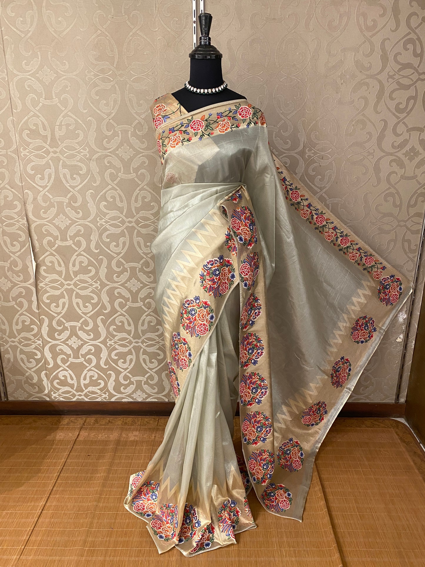 Grey Tissue Embroidery Saree, With Unstiched Blouse